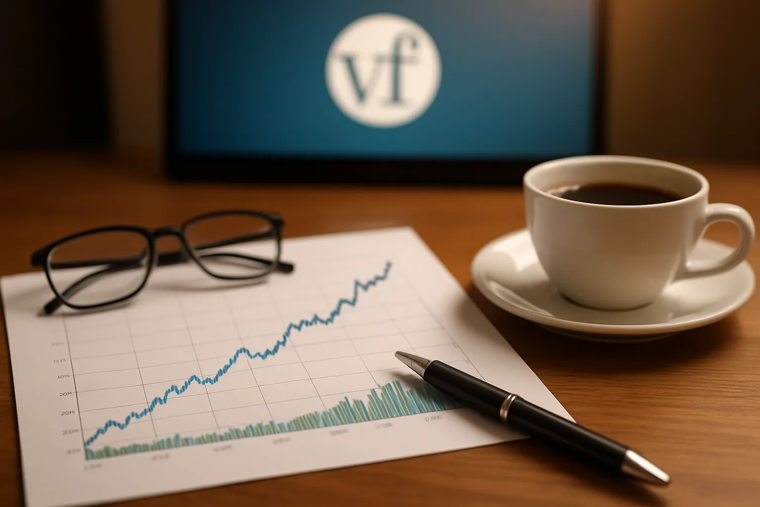 Financial chart showing profit growth with VF Corp logo in background
