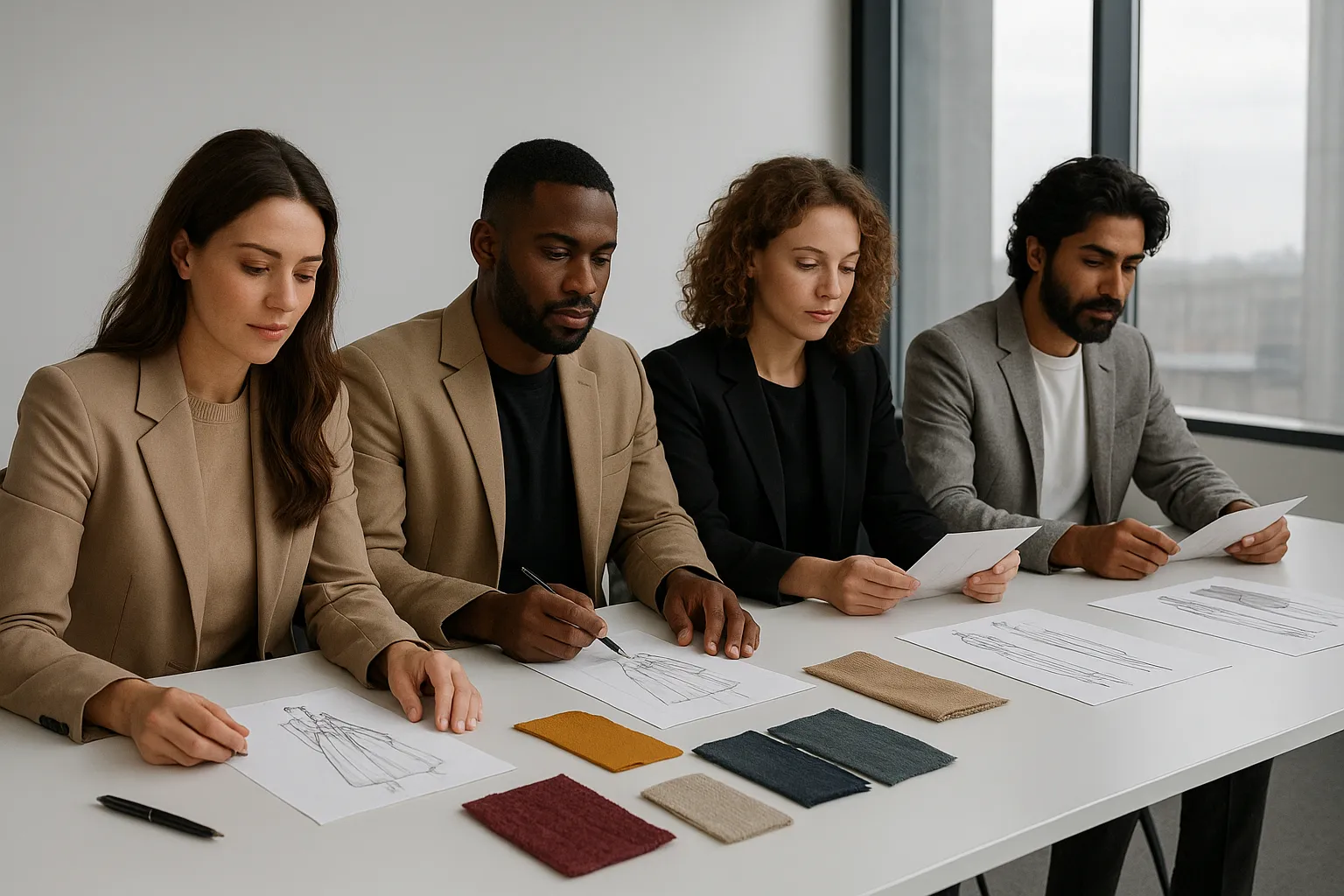 Fashion jury members reviewing design portfolios at a table