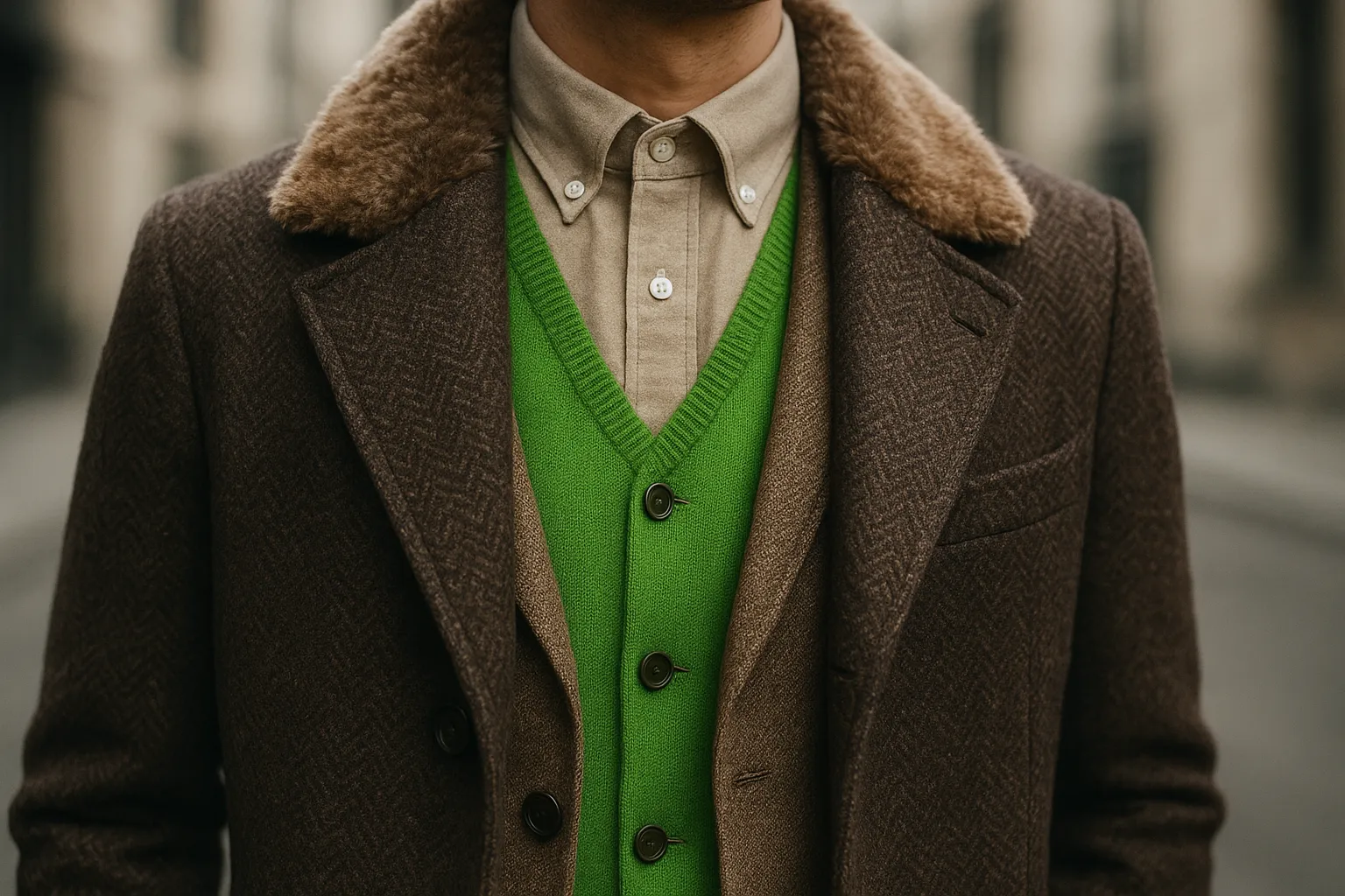 Layered men&rsquo;s outfit with turtleneck, shirt, waistcoat, jacket and fur collar detail