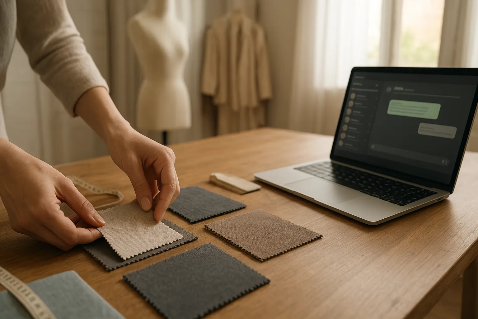 Independent designer working in an atelier with fabric swatches and a laptop