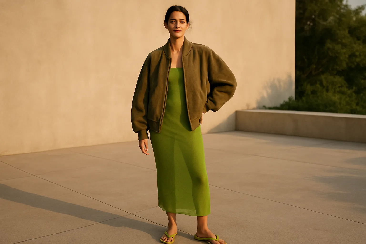 Oversized olive suede bomber jacket worn over a sheer grass-green column dress with lime-green sandals