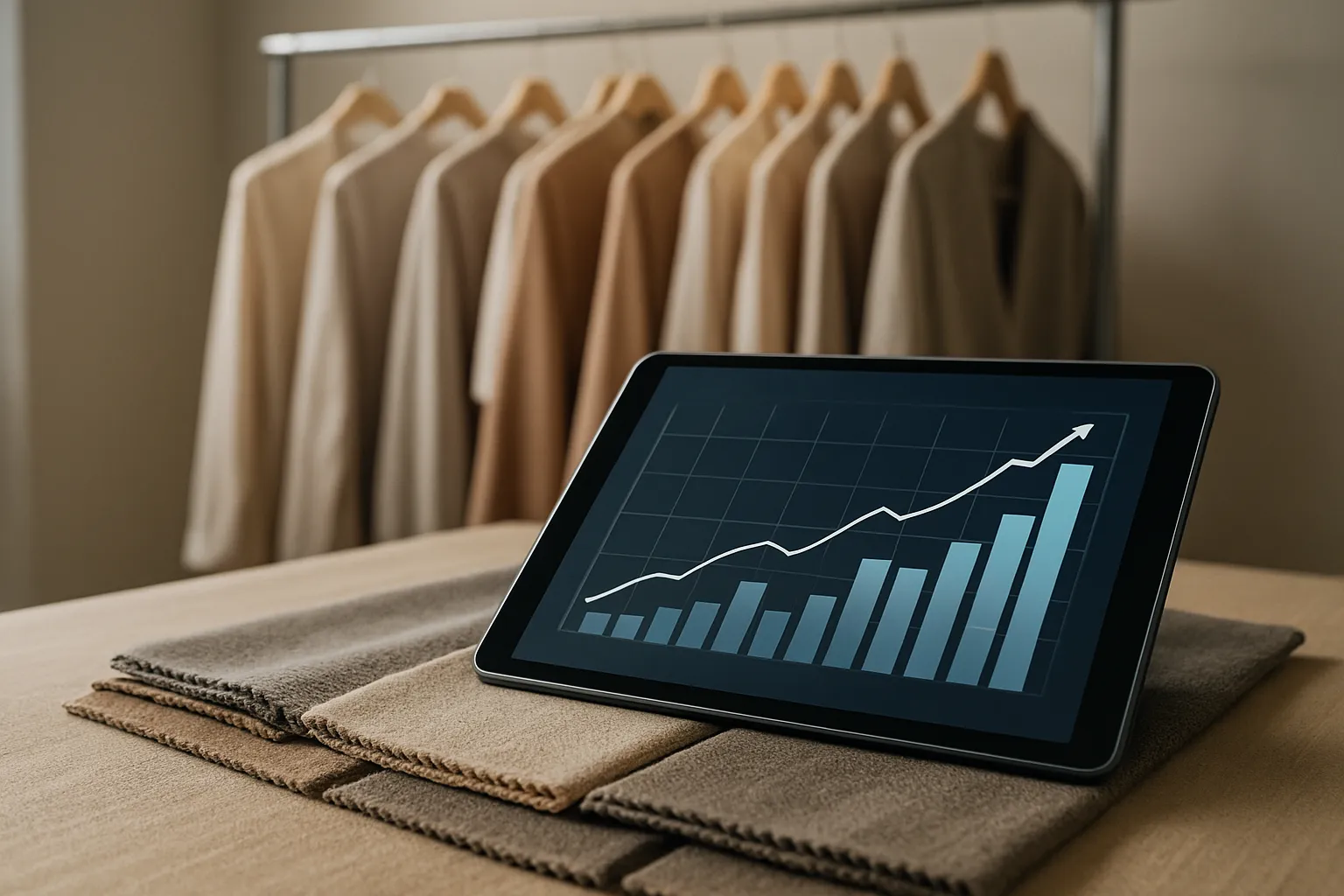Fashion industry data analysis on a tablet with a clothing rack in the background, symbolising market statistics.