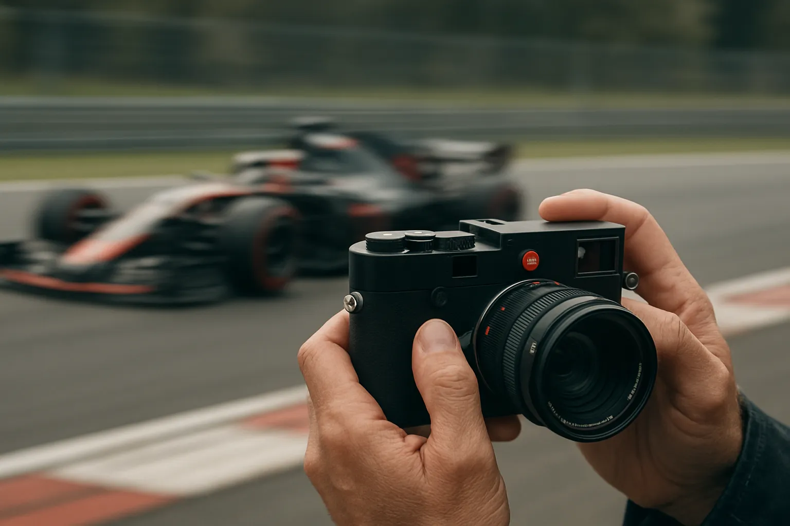 Photographer using a Leica camera at a Formula 1 racetrack with a car in motion