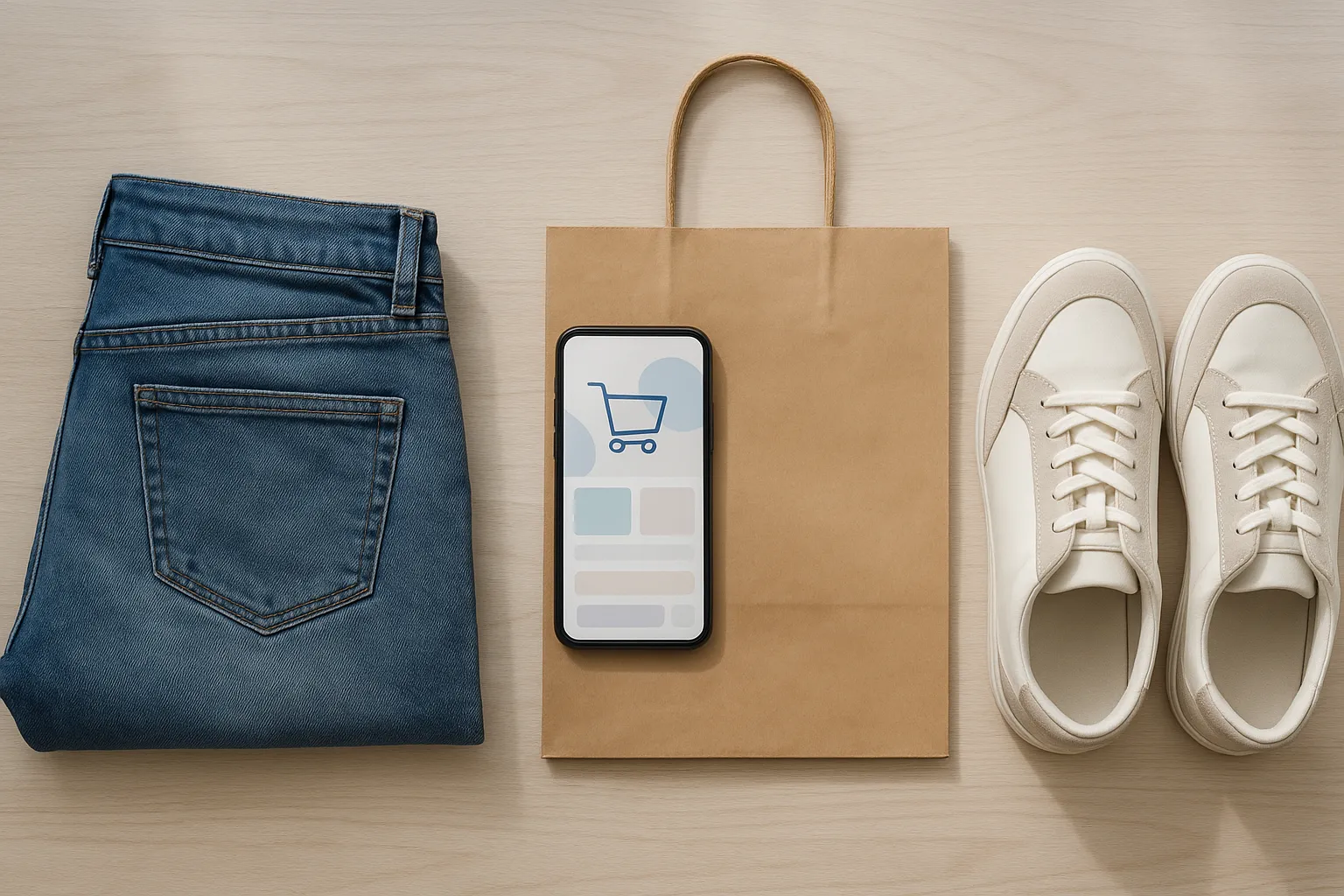Smartphone with an online shop next to folded jeans and a shopping bag