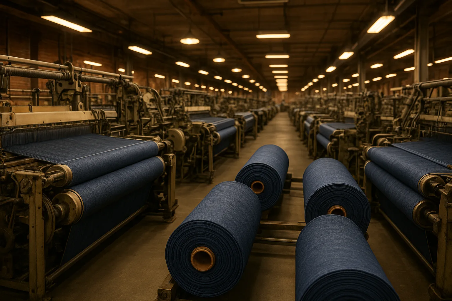 Rows of industrial looms and rolls of indigo denim inside a textile mill