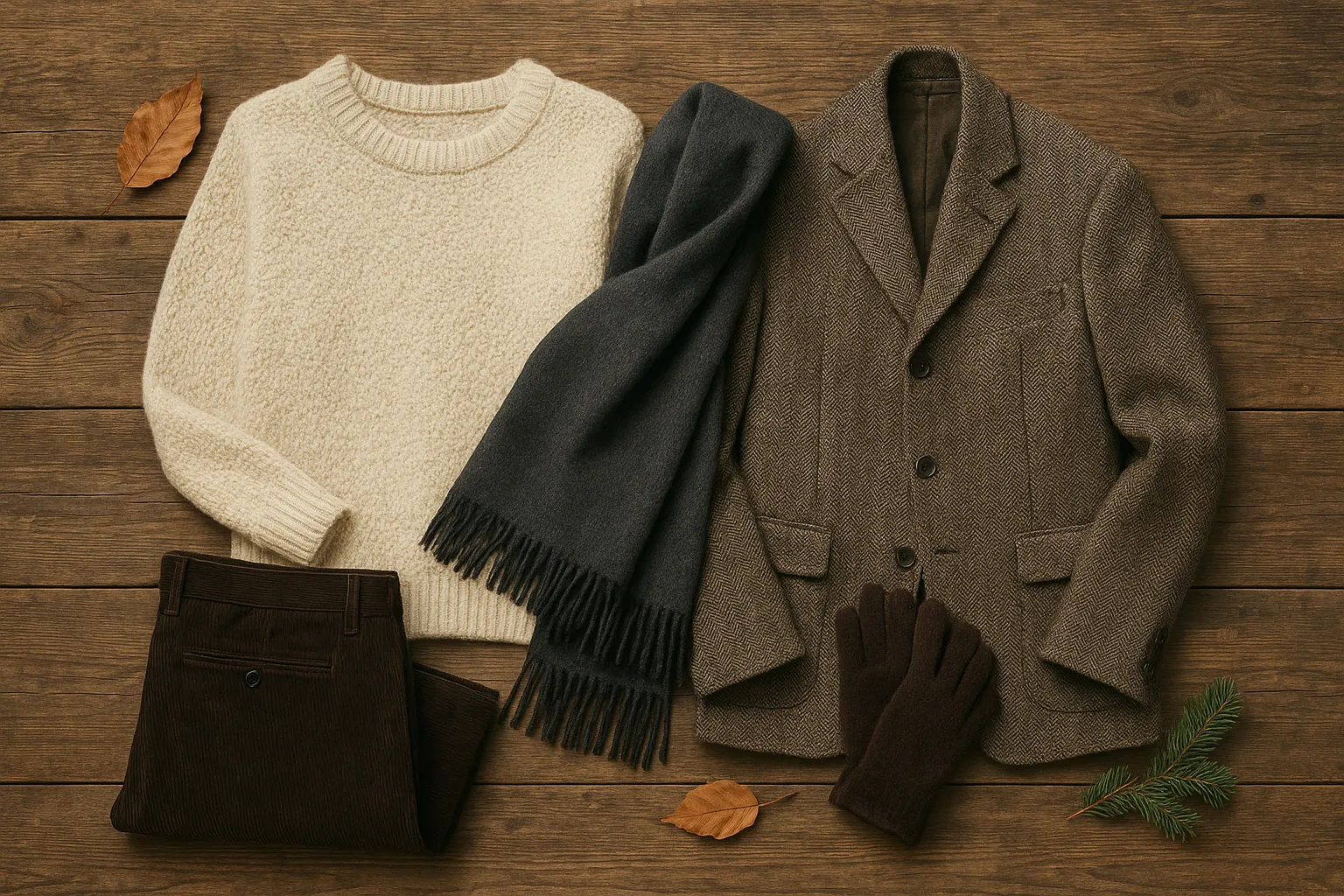 Flat-lay of winter outfit with bouclé jumper, corduroy trousers and tweed jacket