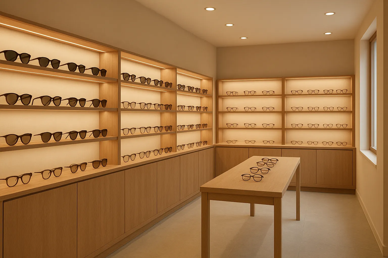 Optical boutique interior with sunglasses displayed on wooden shelves