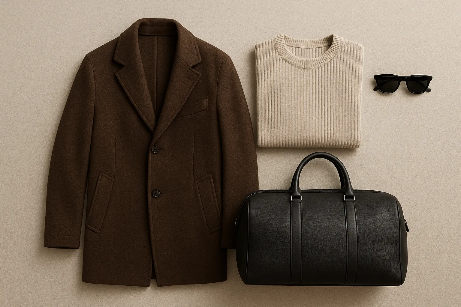 Flat lay of Alo fall 2026 collection featuring long coat, ribbed sweater, sunglasses and duffle bag