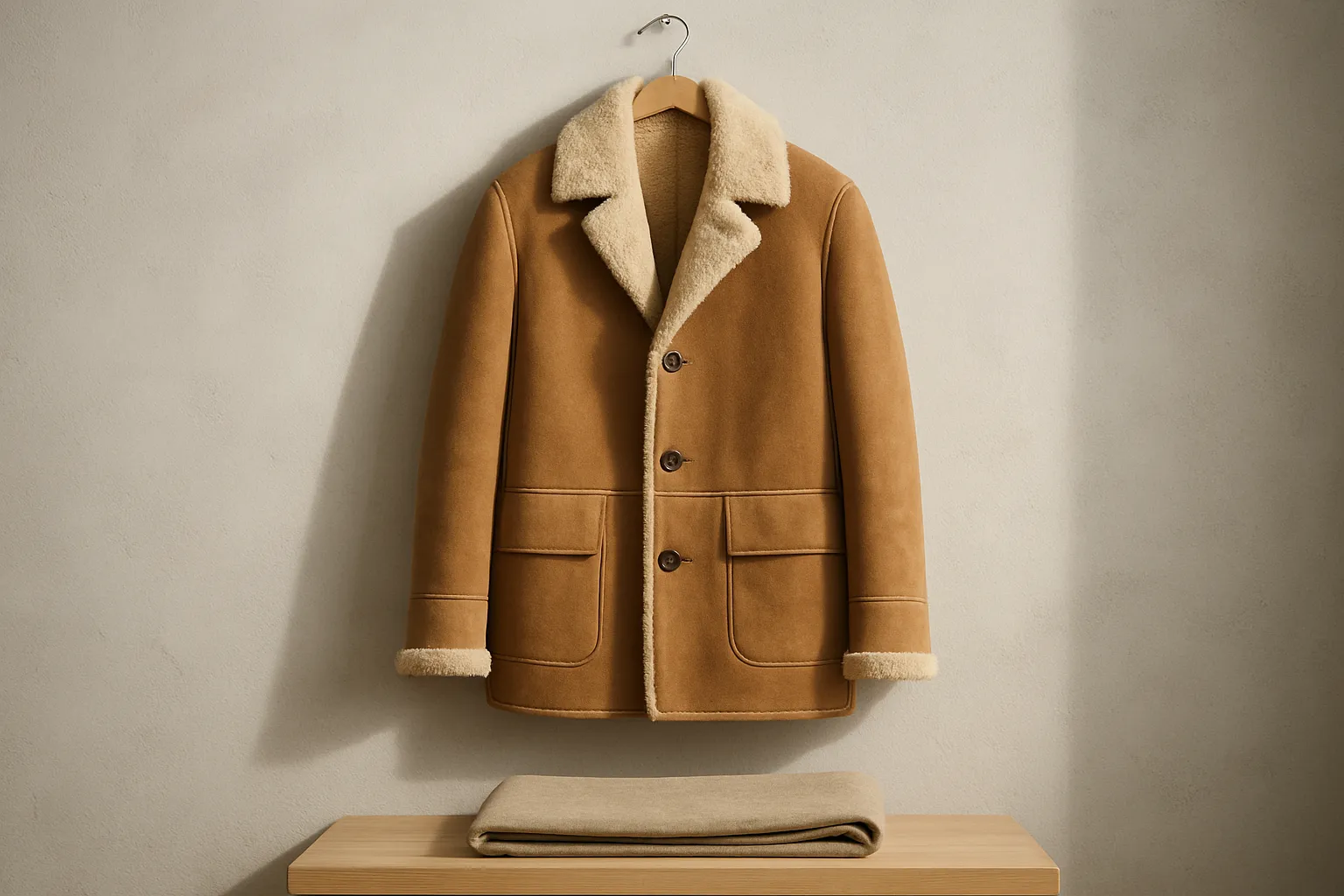 Camel shearling coat hanging against a pale concrete wall in a minimalist showroom