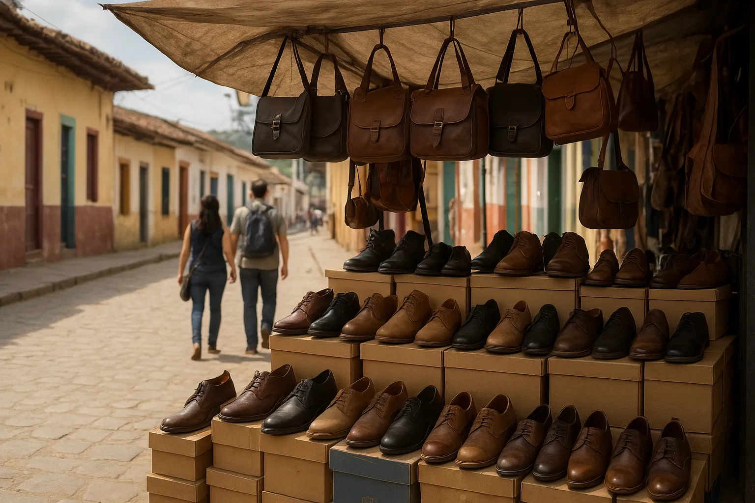 Market stall selling footwear and leather goods in Colombia