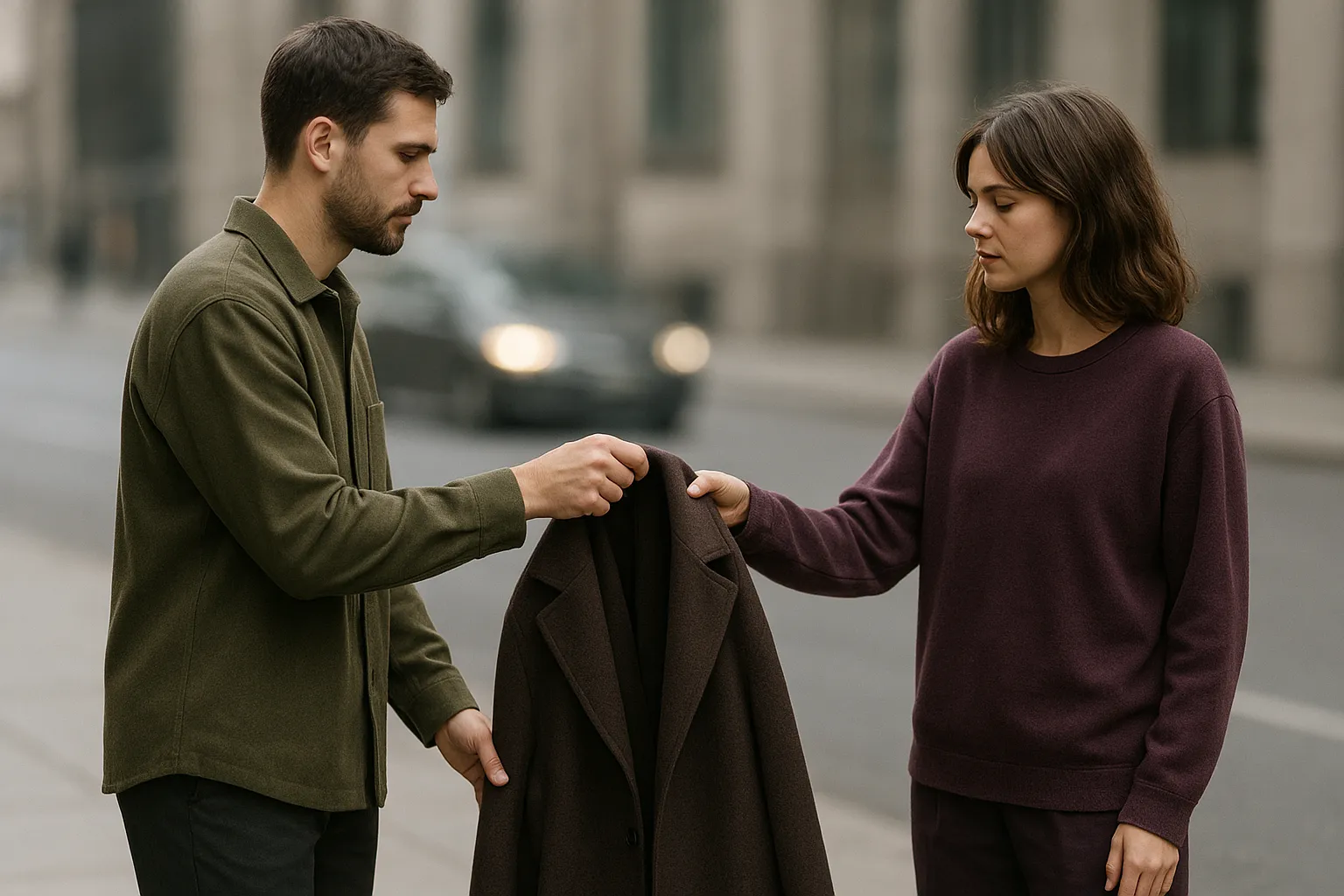 Two people exchanging a coat on a city street, illustrating the shared wardrobe concept