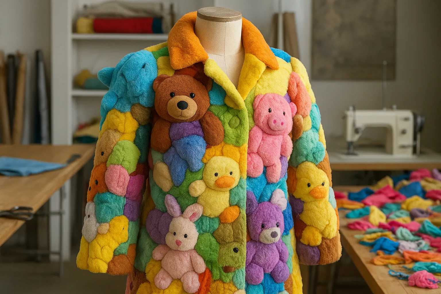 Patchwork coat made from secondhand plush toys on a mannequin in a studio