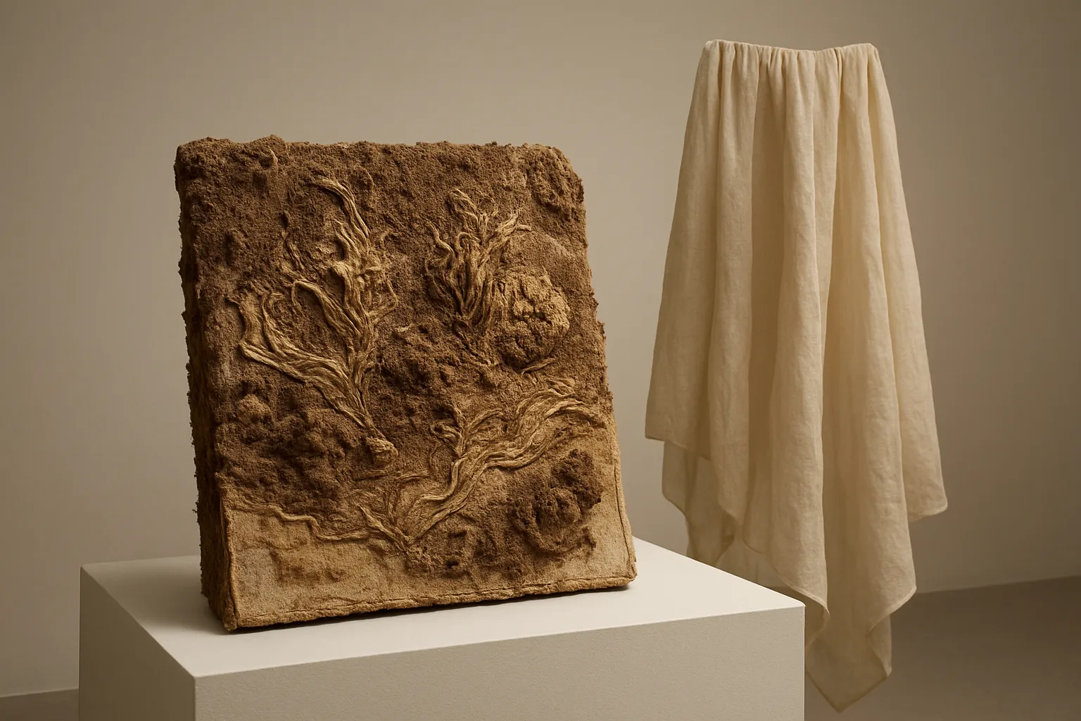 Experimental textile sculpture combining soil, plant fibres and linen yarn