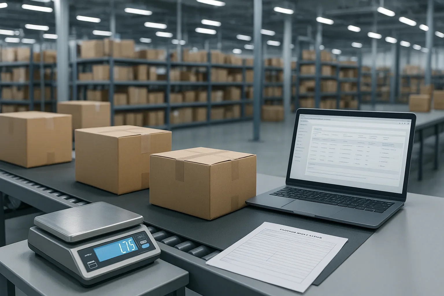 Fulfilment centre conveyor with unbranded parcels and a customs form, representing cross-border shipping hurdles for US shoppers