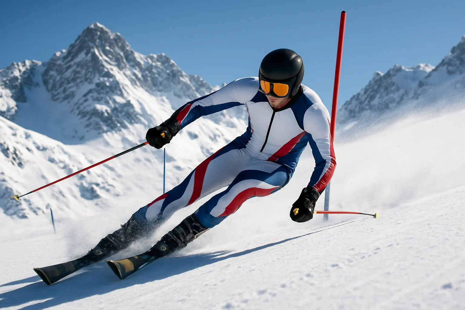 Alpine ski racer in a tailored Bogner race suit on a slalom course