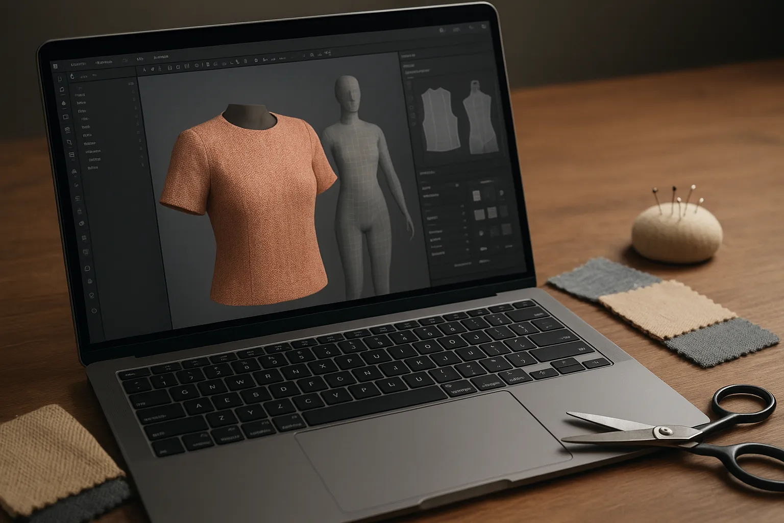 Close-up of 3D fashion design software next to fabric swatches and sewing tools