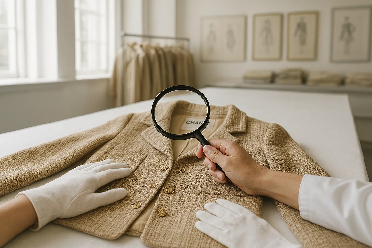 A student examining a vintage Chanel jacket in the SCAD LUXE archive, highlighting hands-on learning with luxury garments