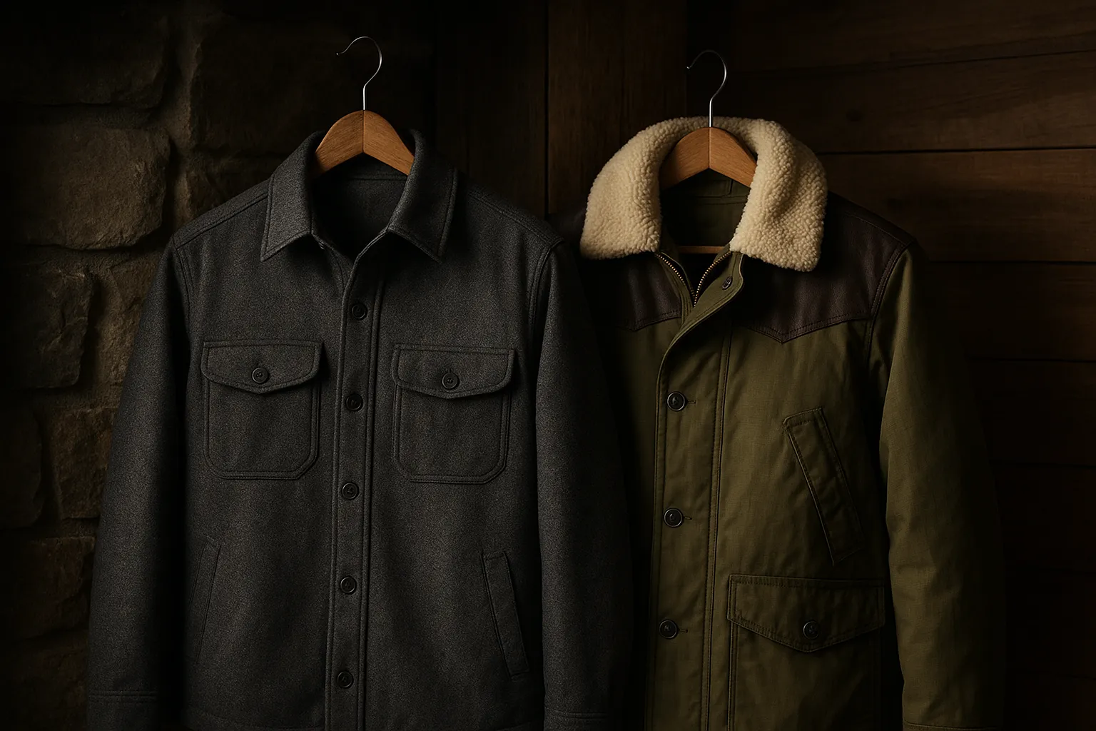 Men&rsquo;s flannel shirt-style jacket and ripstop parka with shearling and leather details in a chalet setting