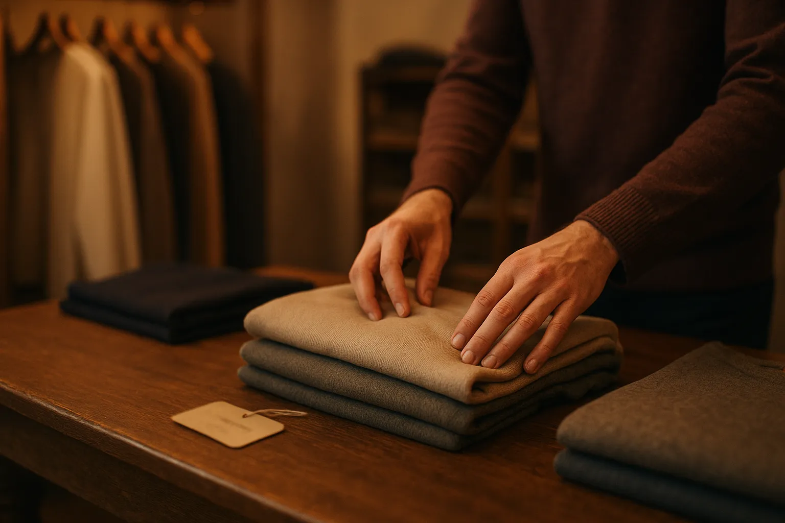 Shopkeeper folding unsold clothes in a quiet French boutique