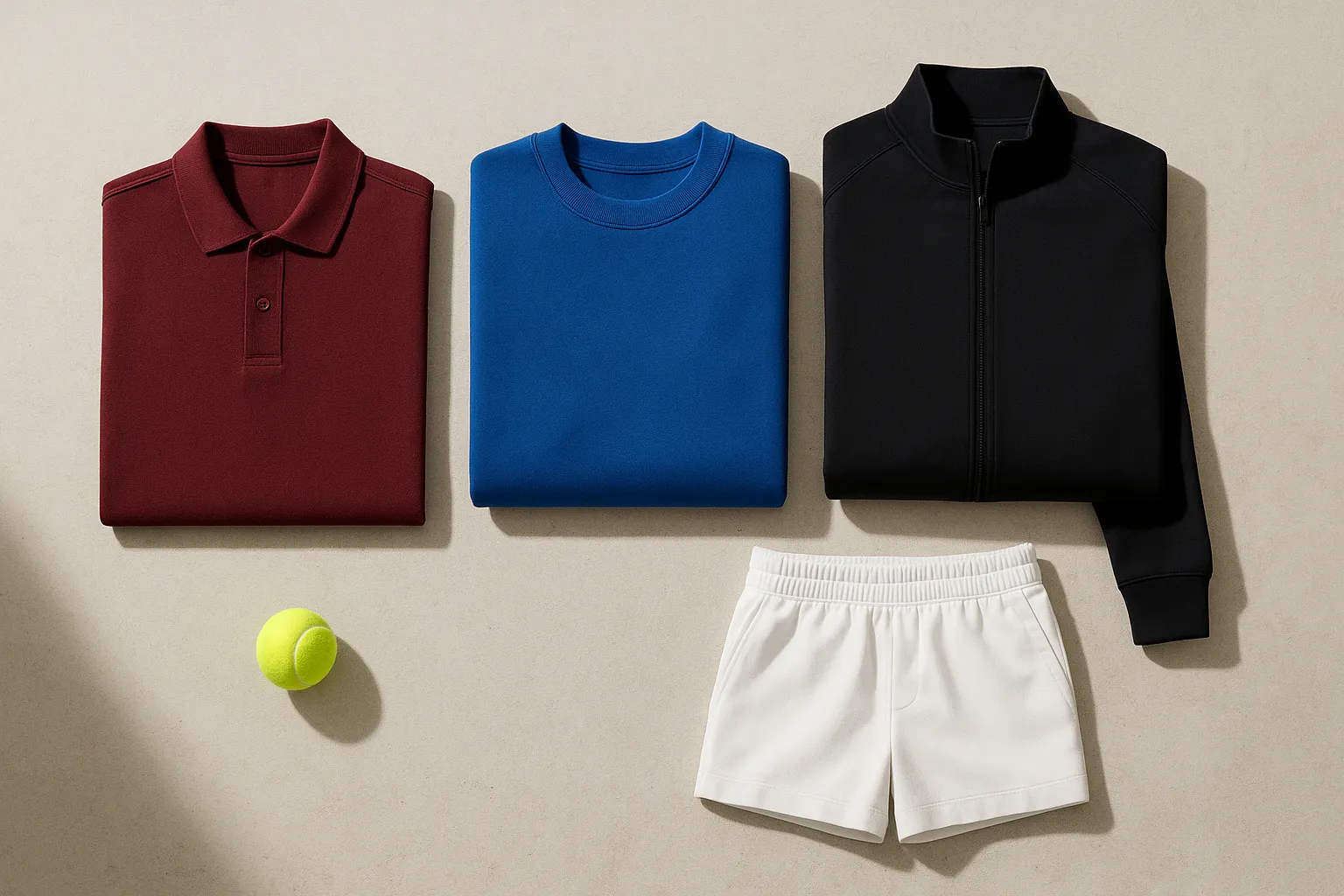 Burgundy polo, royal blue sweatshirt and black jacket arranged as a tennis-inspired capsule wardrobe