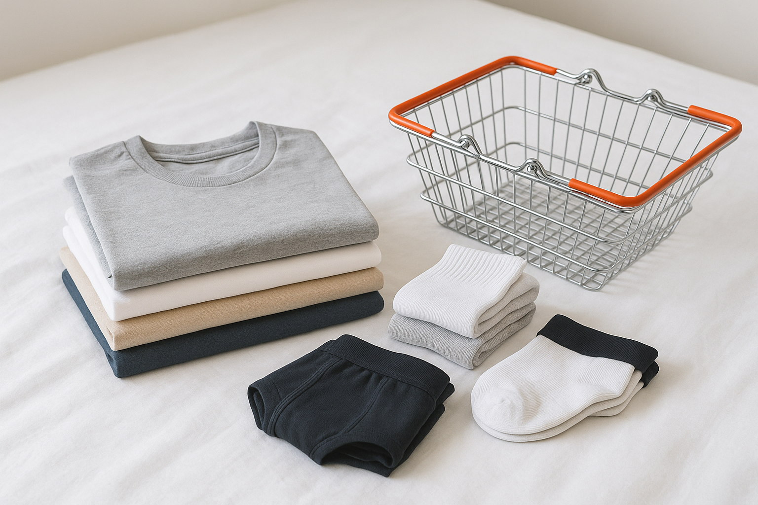 Stack of basic clothing essentials ready for online purchase