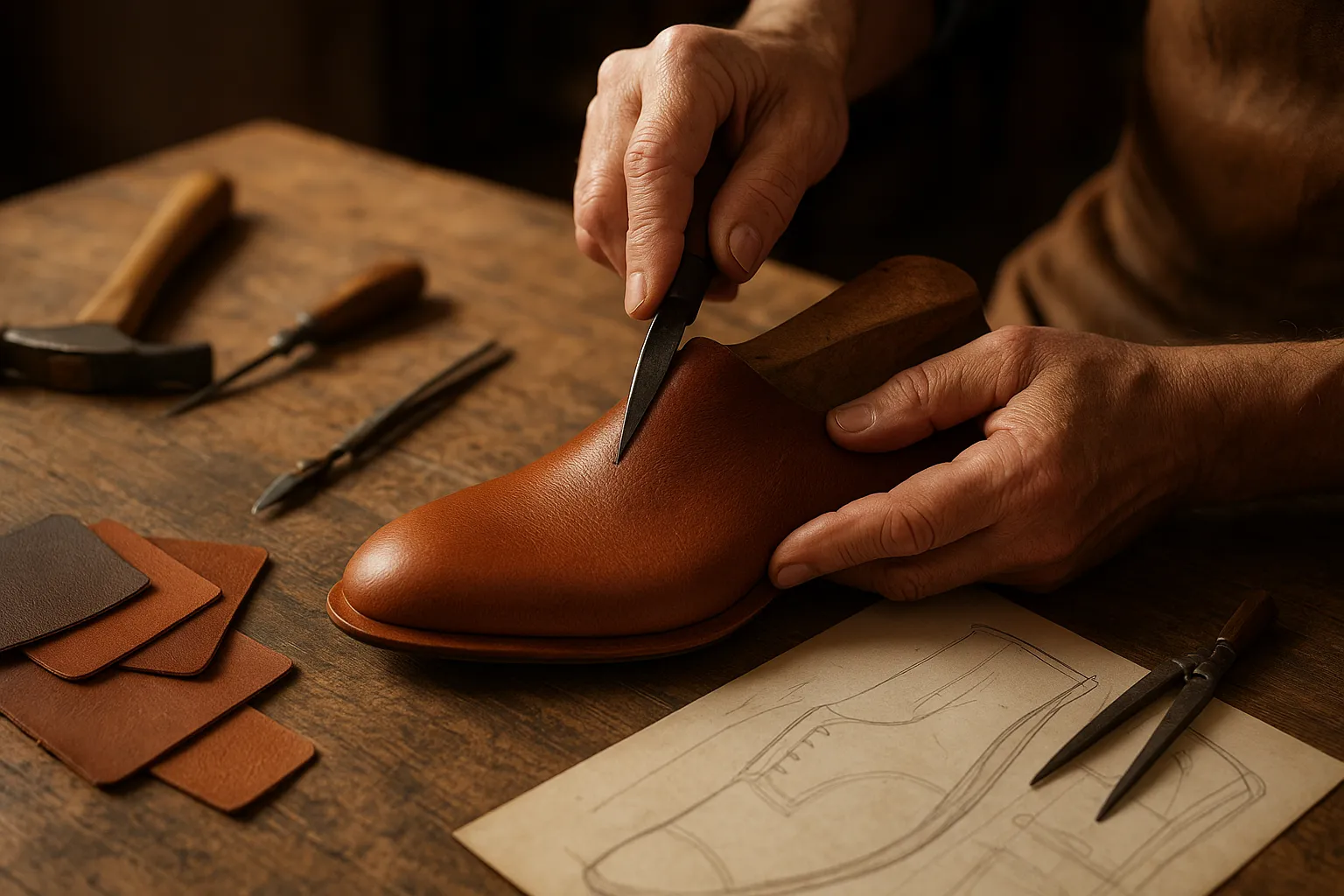 Artisan hands crafting leather footwear at a workbench