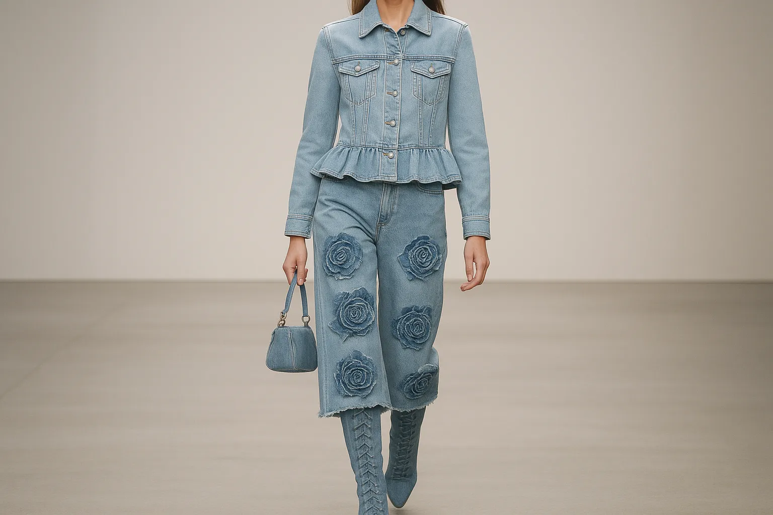 Light-wash denim set with frayed rose appliqués and denim boots