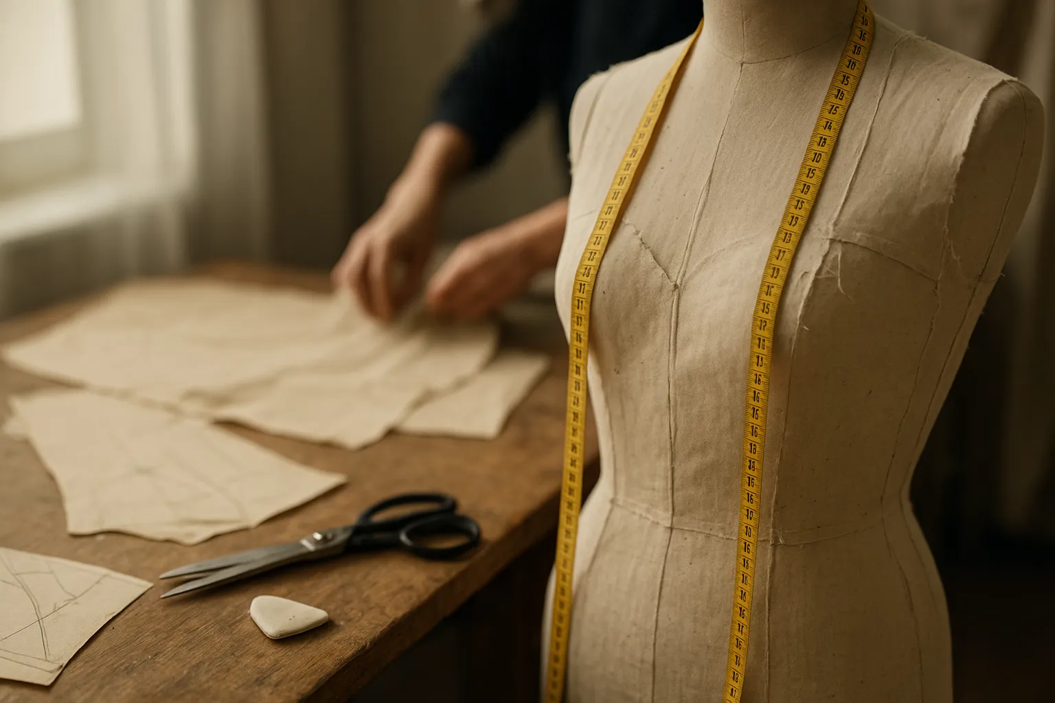 Patternmaking and garment construction tools on a design studio bench in Paris