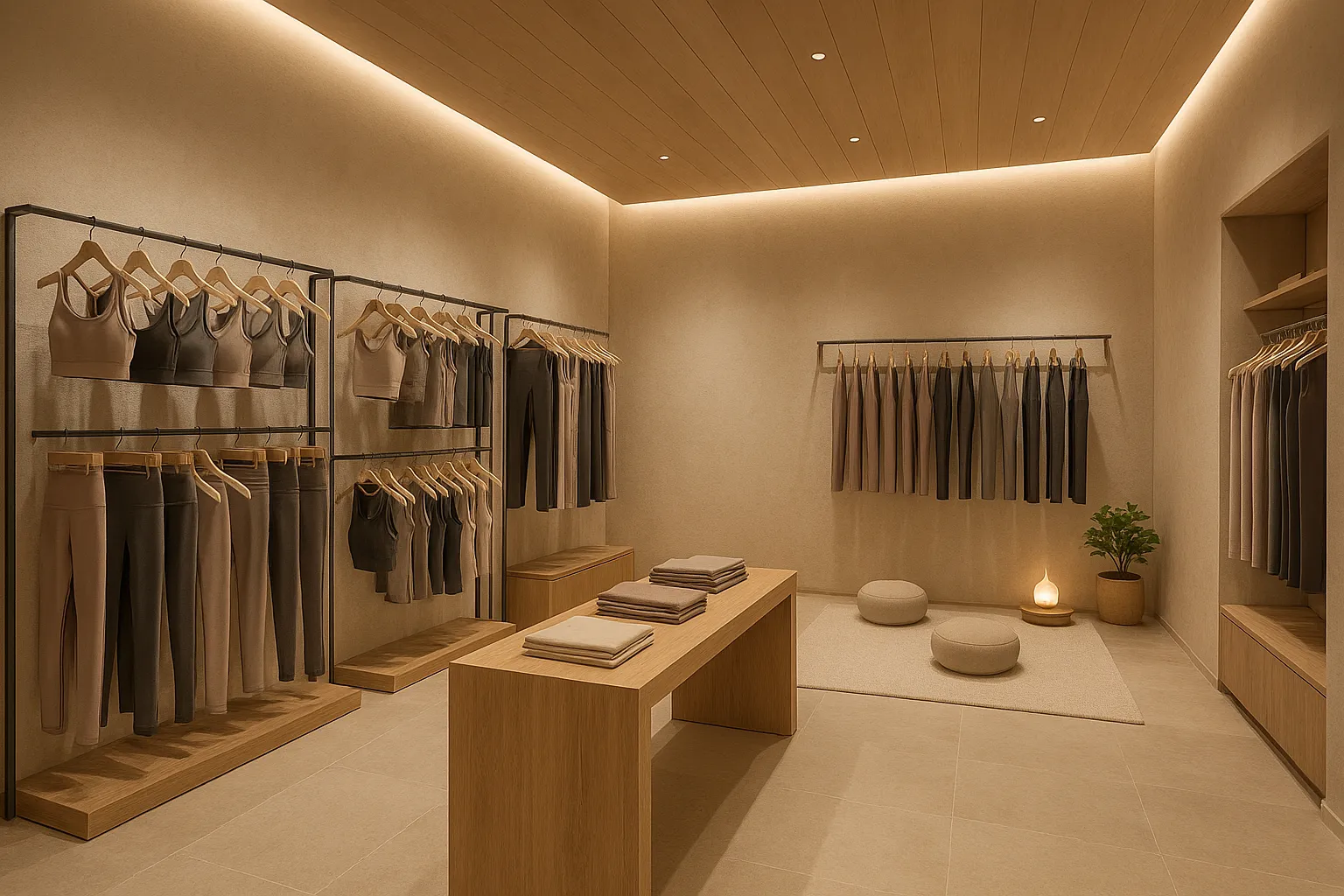 Calm wellness-inspired interior of a premium activewear store with neutral tones