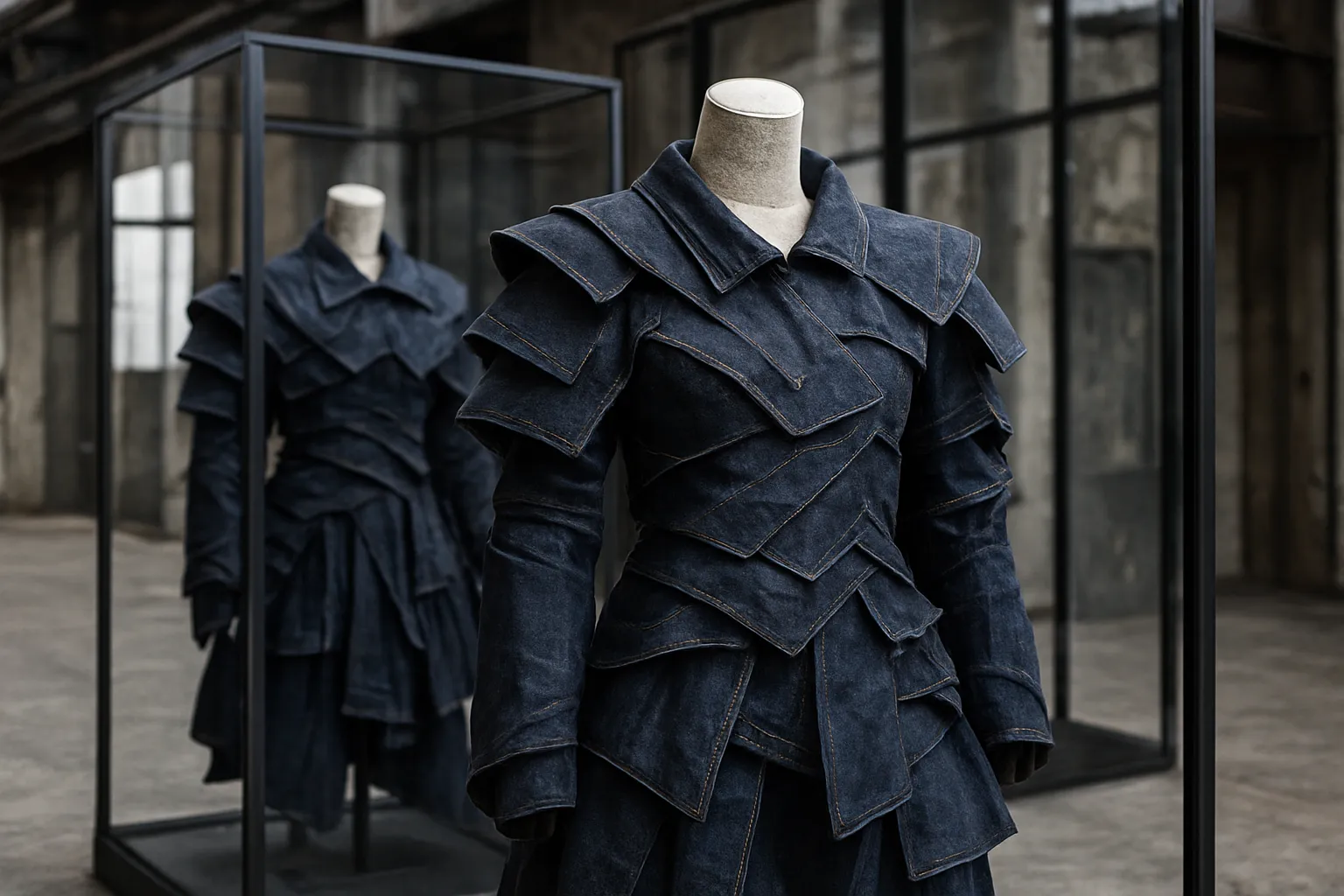Denim installation with mannequins in glass cases at a fashion trade show