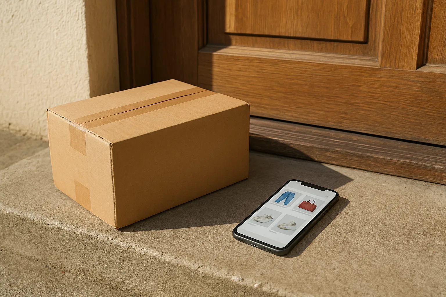 A package delivered from an online purchase sits on a doorstep, with a smartphone displaying a shopping app