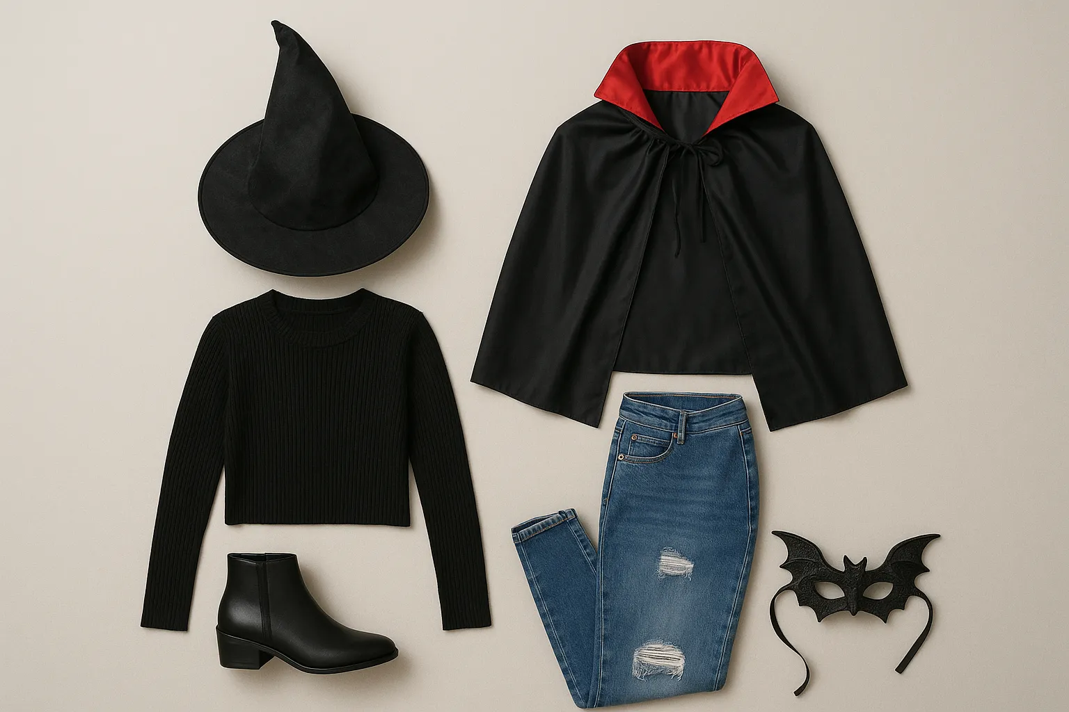 A flat lay of Halloween costumes and accessories, including a witch hat and vampire cape.