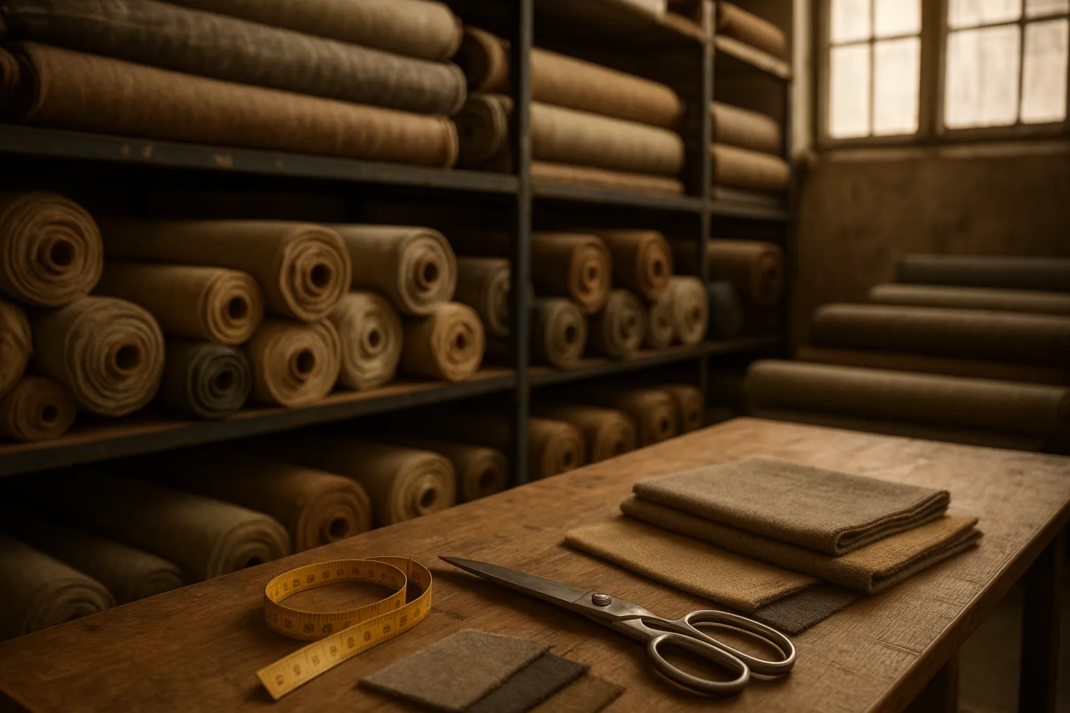 Rolls of surplus wool and cotton-viscose fabric stored in a textile factory