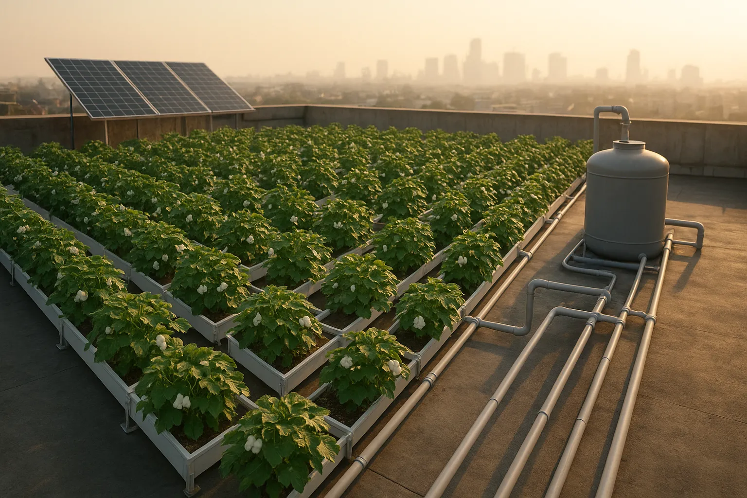 Rooftop hydroponic cotton farm in a city setting