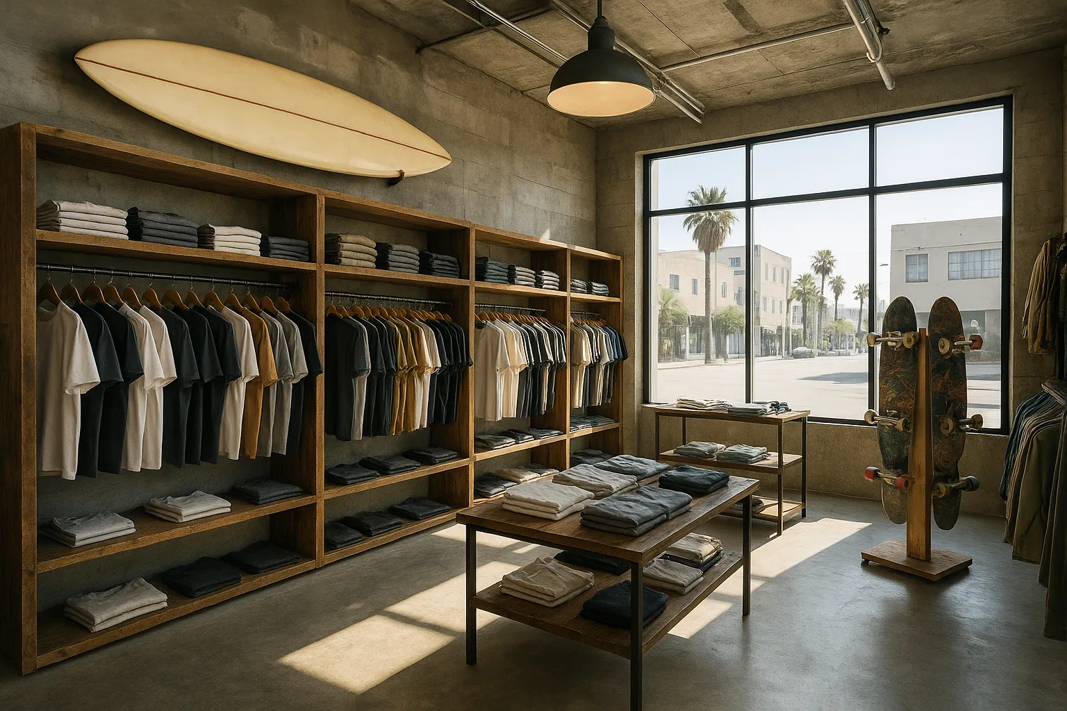 Interior of Elwood&rsquo;s upcoming Los Angeles flagship store with reclaimed wood and surfboards