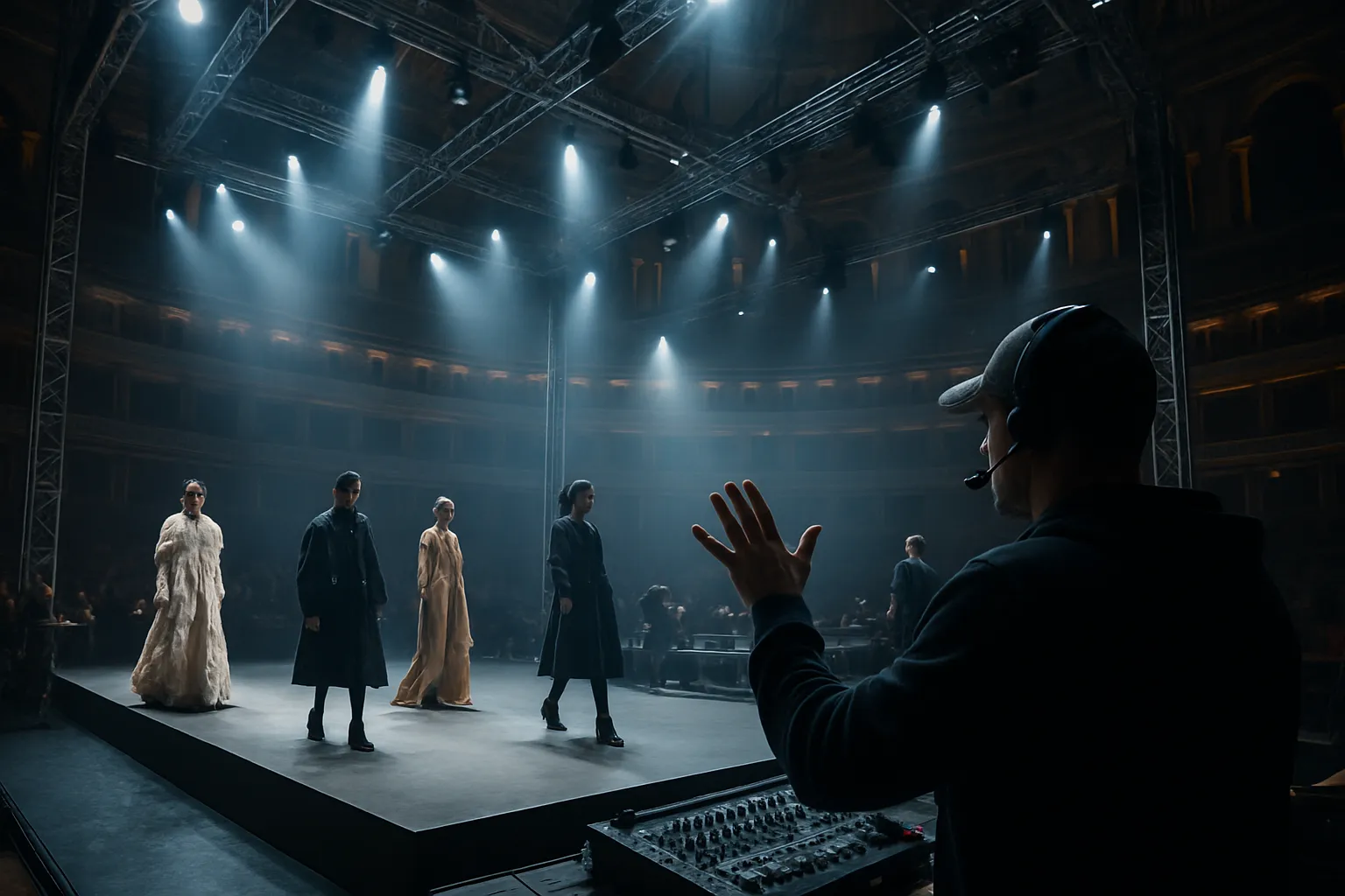 Behind the scenes of a fashion show production at a grand venue with lighting and sound equipment