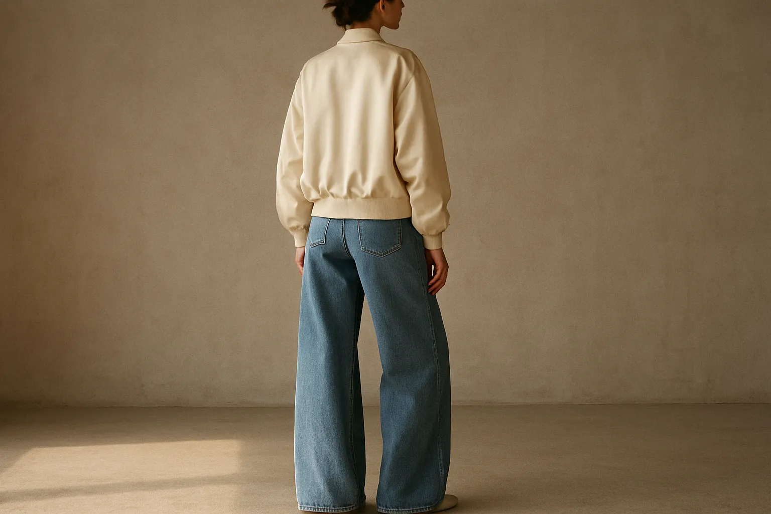 Model wearing wide-leg jeans and an oversized satin bomber jacket