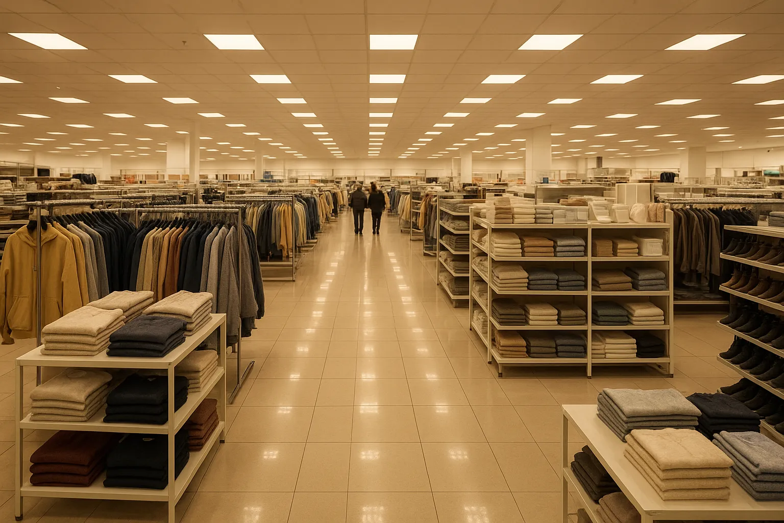 Bright interior of a discount department store with clothing racks and homeware shelves