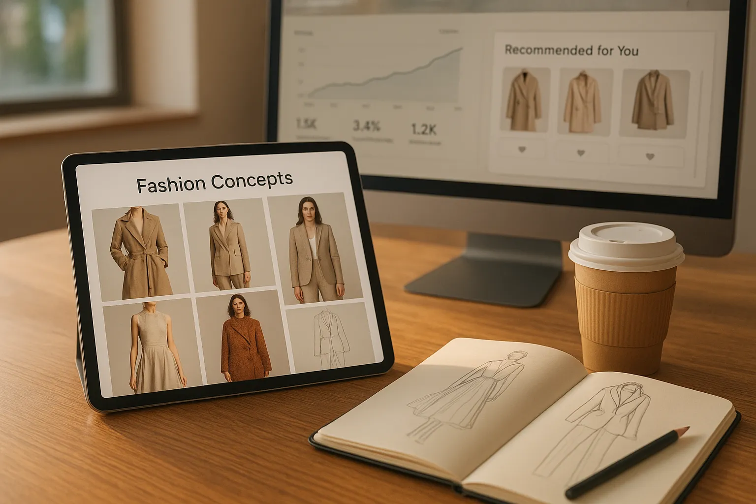 Creative workspace blending AI tools with fashion design