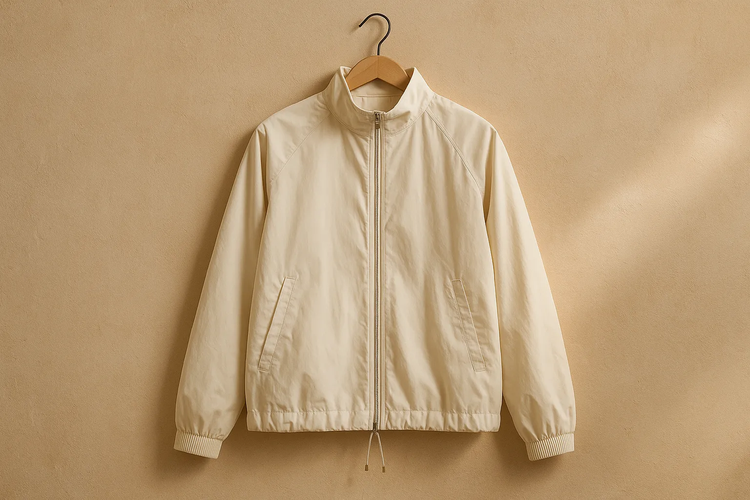 Gender-neutral windbreaker with metal zip, cotton tape and natural rubber cuffs on a wooden hanger