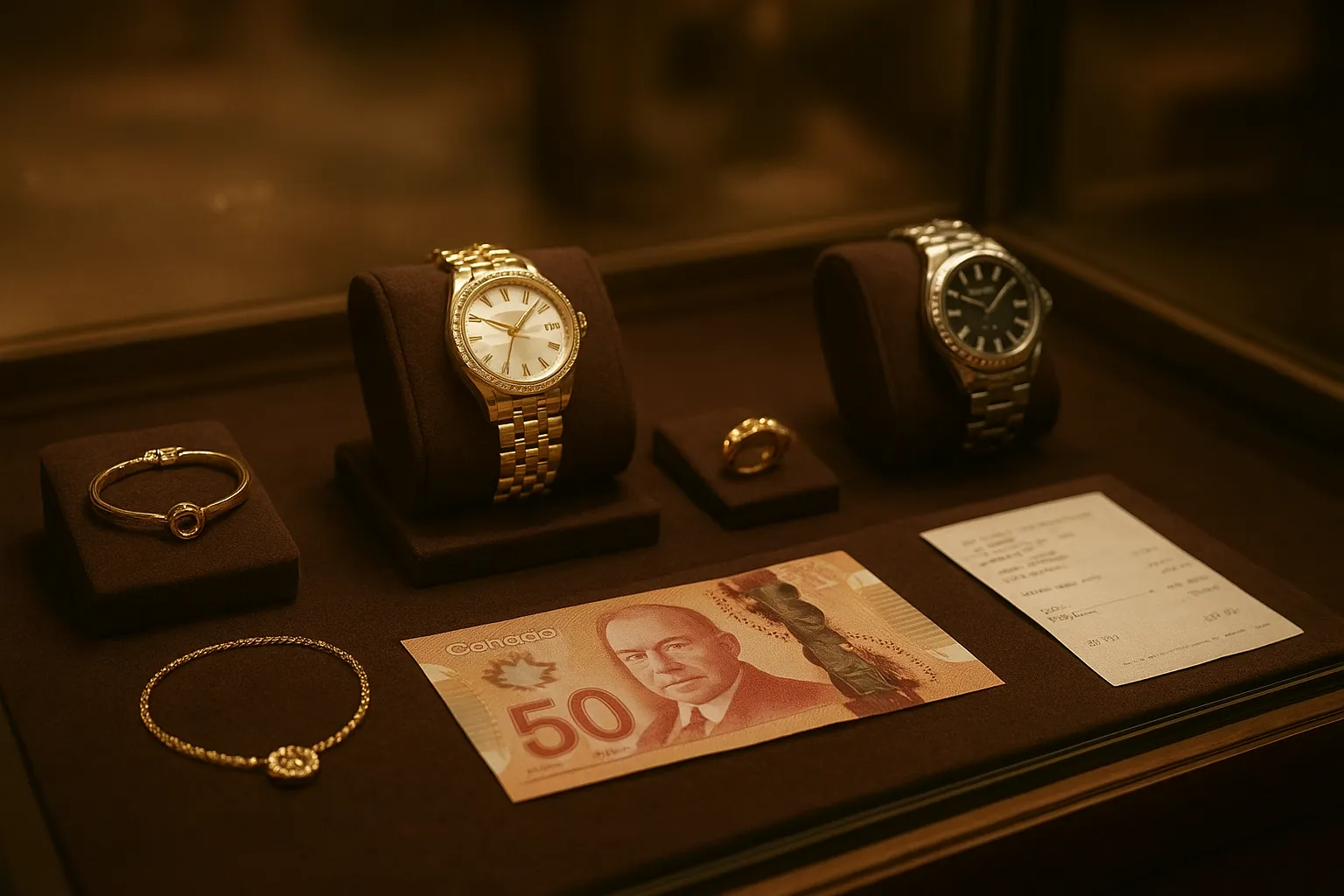 Jewellery and watches on display in a retail setting