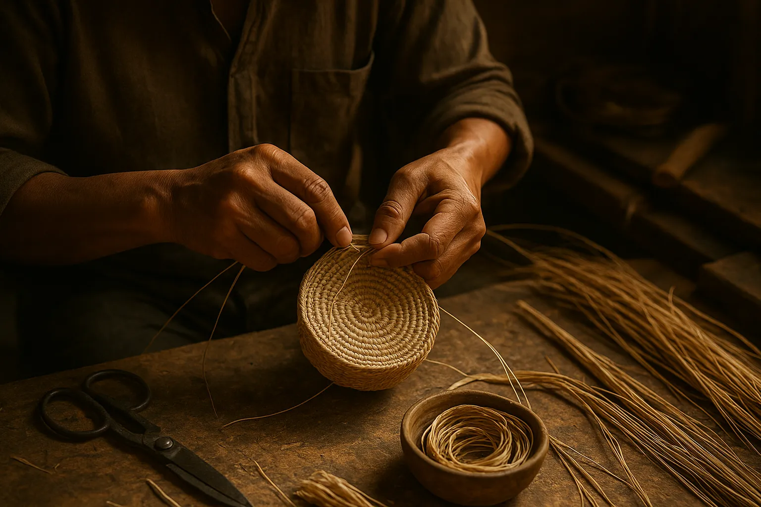 Artisan colombien fabriquant un accessoire à la main avec des fibres végétales