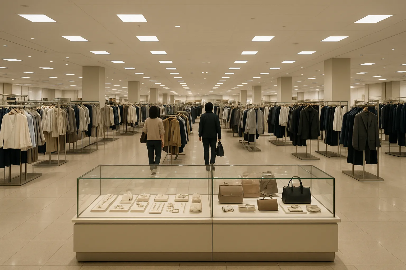 Department store clothing floor in Japan with racks of womenswear and a jewellery counter