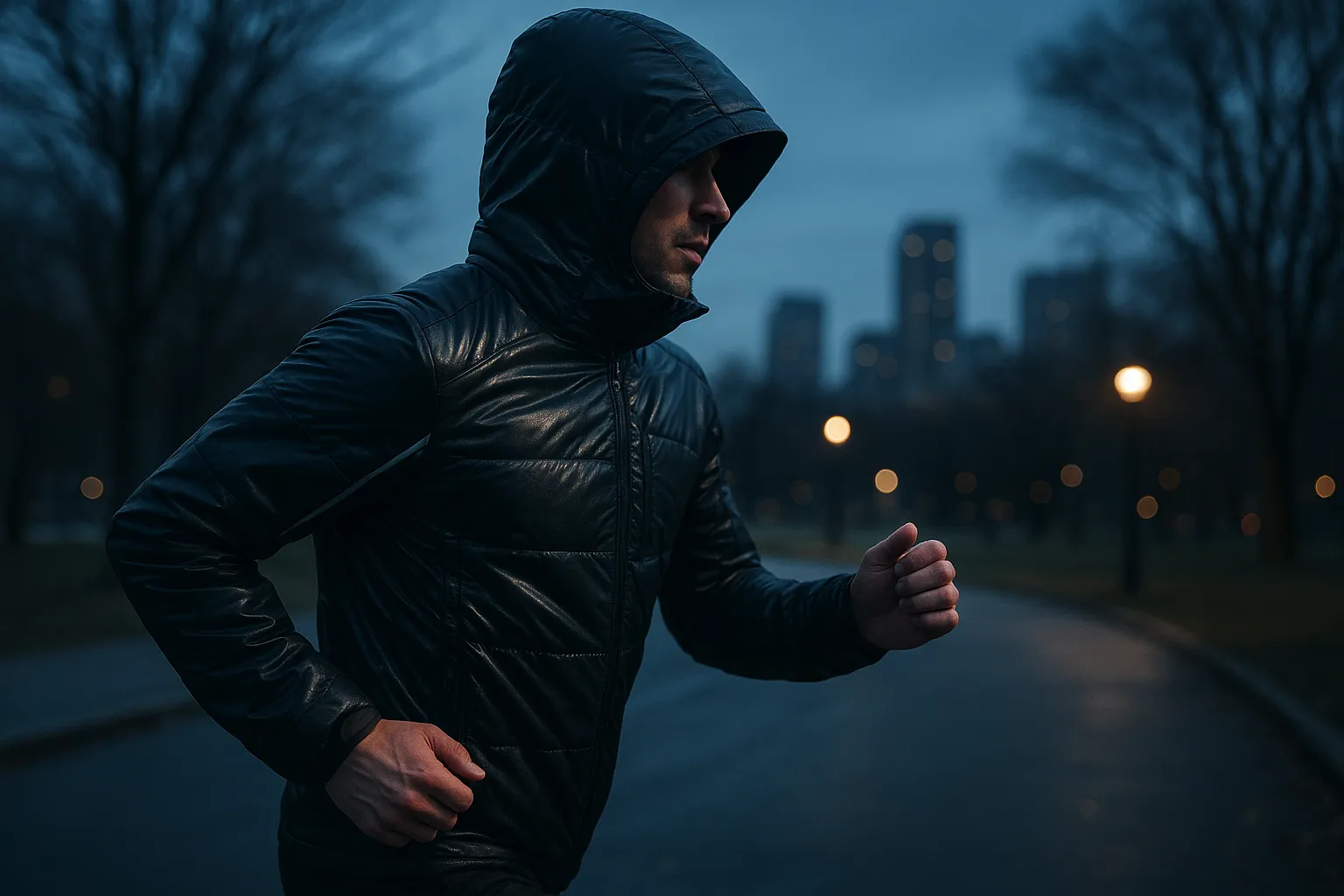 Man wearing black padded jacket with reflective details while running
