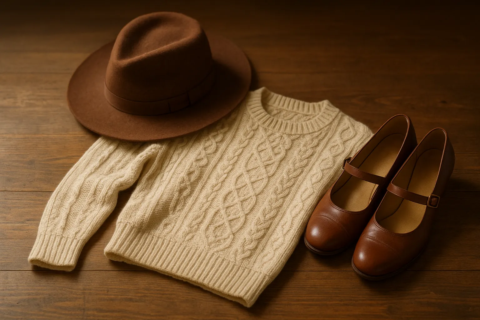 Vintage-inspired outfit with sweater, hat, and shoes