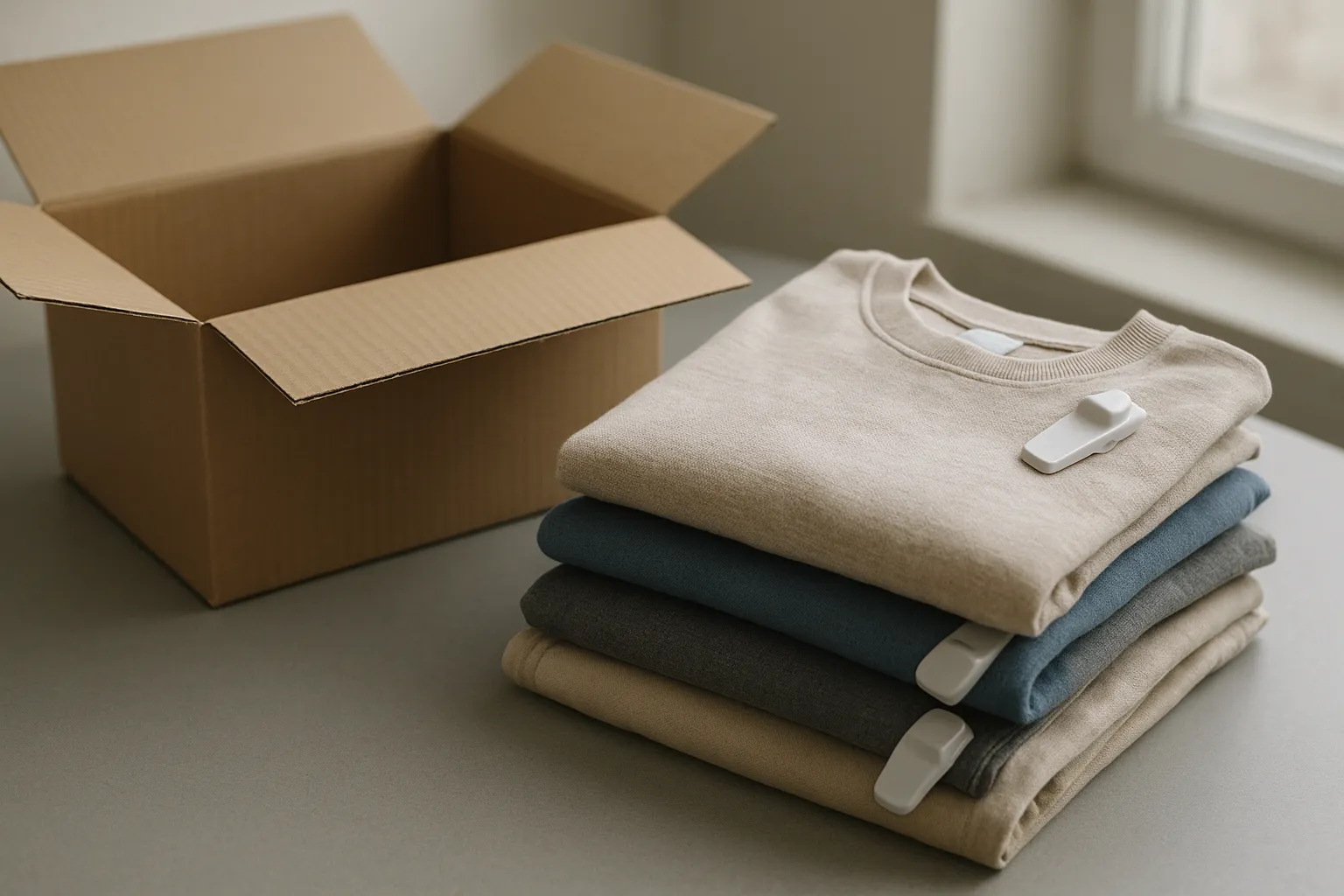 Folded new clothes with security tags beside an open parcel