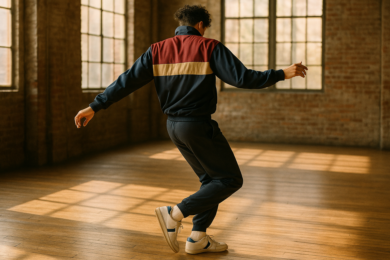 Stylish man in retro tracksuit and sneakers dancing in a loft