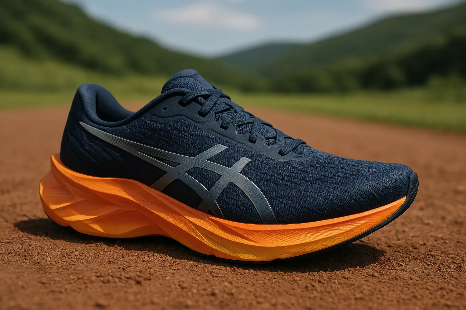 Novablast 6 running shoe on a dirt track with hills in the background