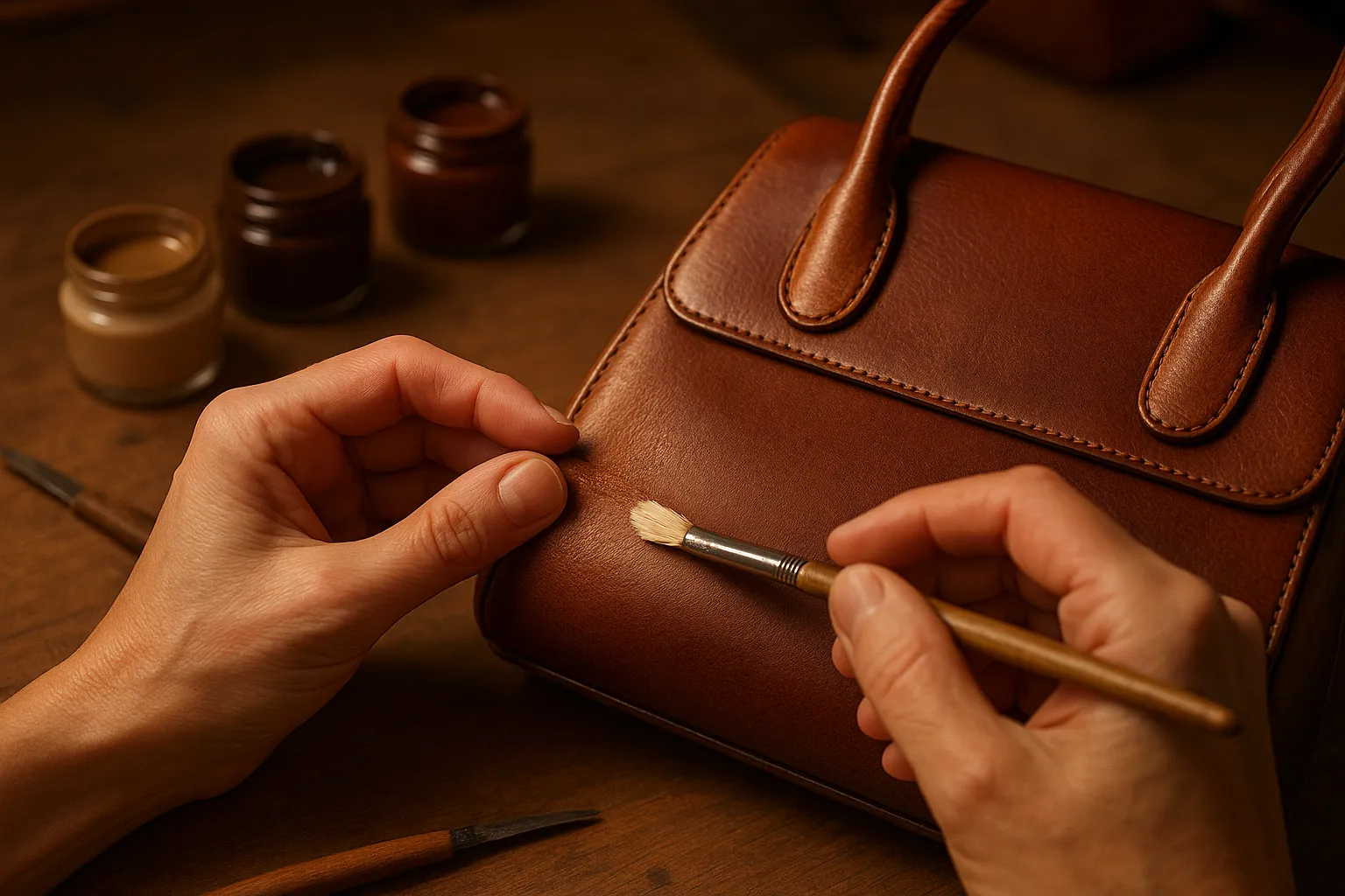 Réparation minutieuse à la main d&rsquo;un sac en cuir de luxe avec des crèmes rénovatrices.