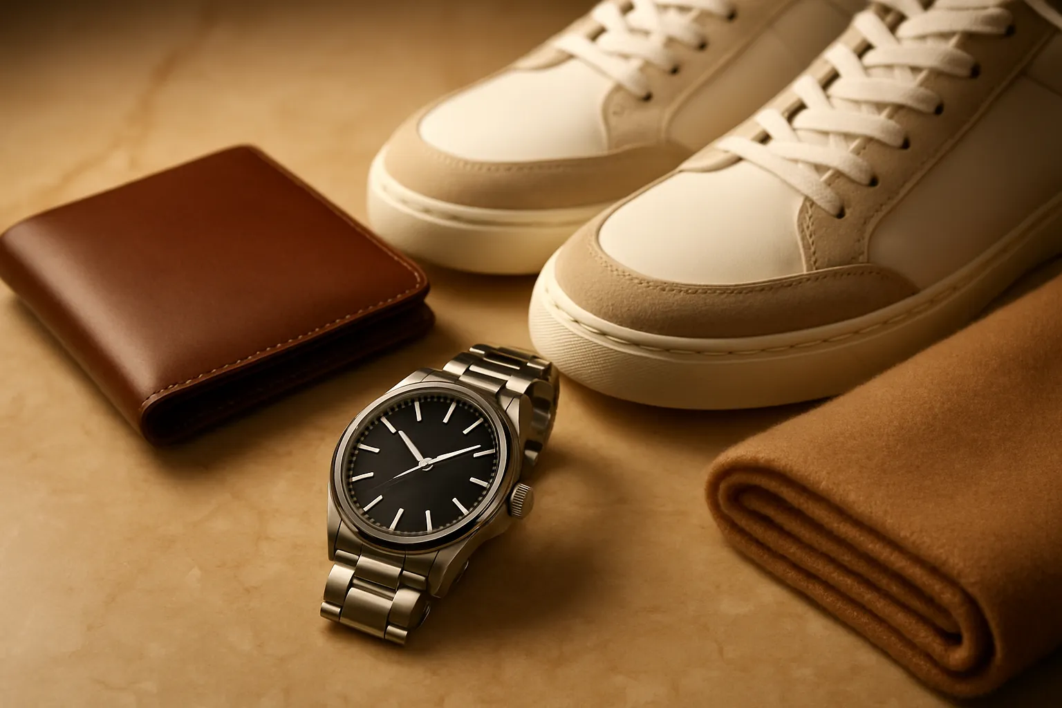 Luxury menswear accessories arranged on a marble surface